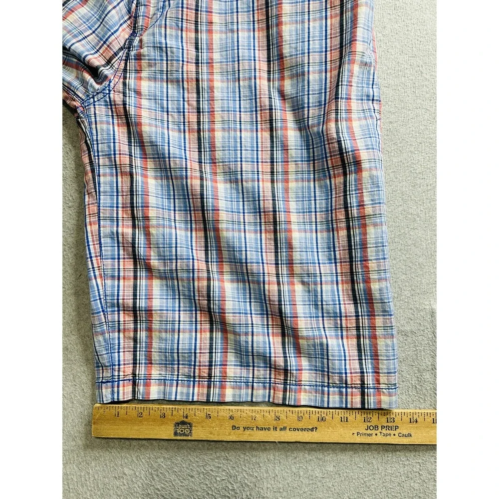 Footaction Shorts Mens 40 Blue Orange Plaid Cotton Casual Cargo Flap Pocket